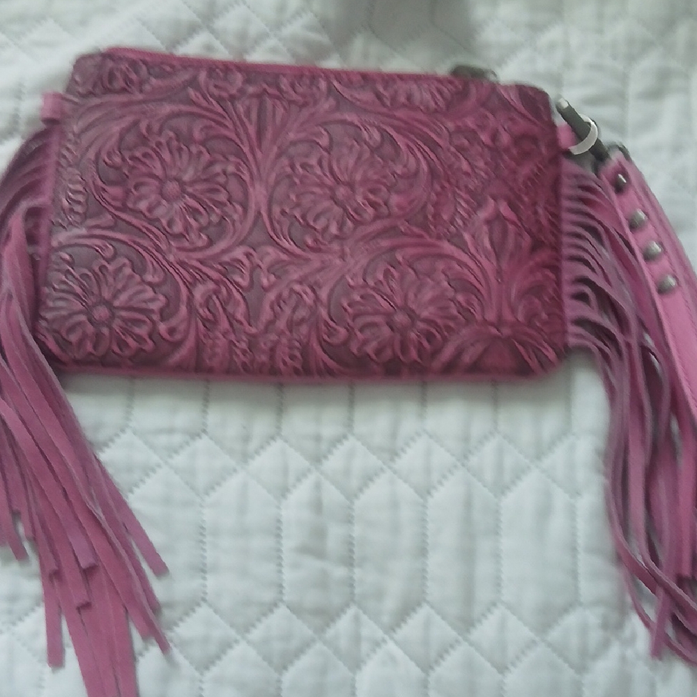 Montana West Pink Floral Embossed Clutch with Fringe